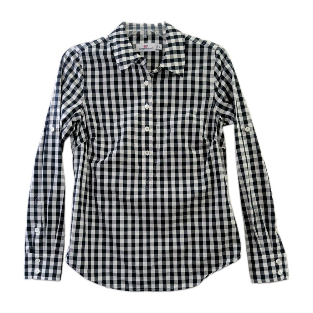 Vineyard Vines Popover Shirt Womens 2 Black White Gingham Plaid Roll Tab Sleeve
